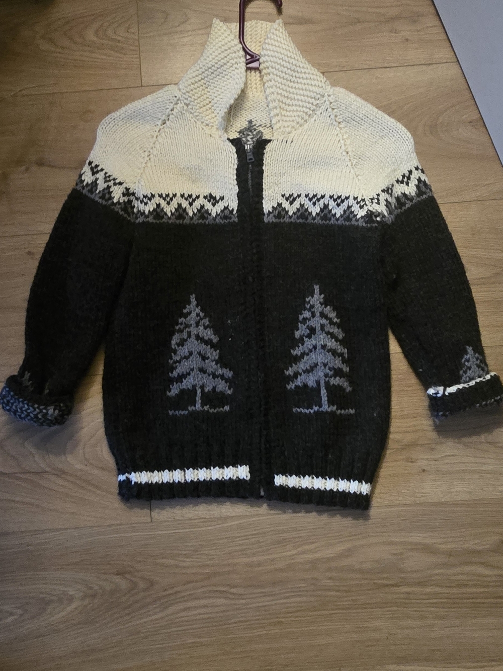 Kids Black & Cream Zip-Up Knit Jacket with Tree Motif